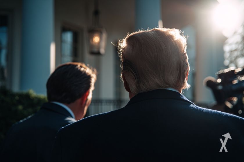 "Donald Trump mit Berater vor Haus" "Donald Trump with advisor in front of a house"