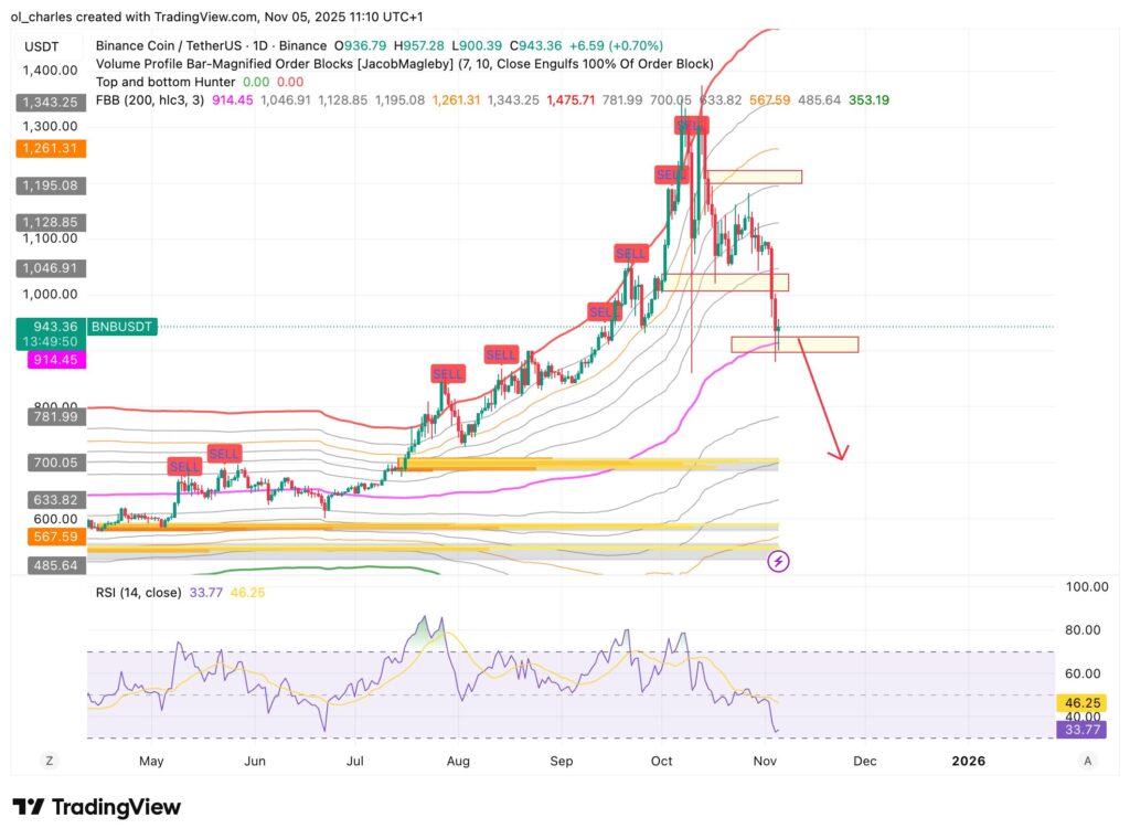 Chart des BNB-Kurses im 1-Tages-Zeitrahmen mit Bollinger Bändern und Order Blocks