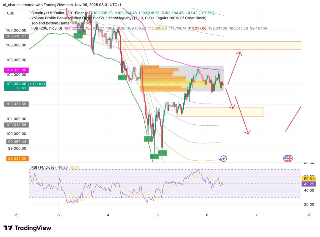 Bitcoin-Kurs im 30-Minuten-Chart mit FBB und Order Blocks
