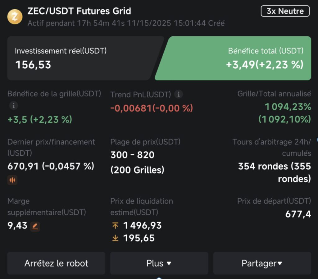 Bild des Setups des Futures Grid Bots von Zcash mit Parametern