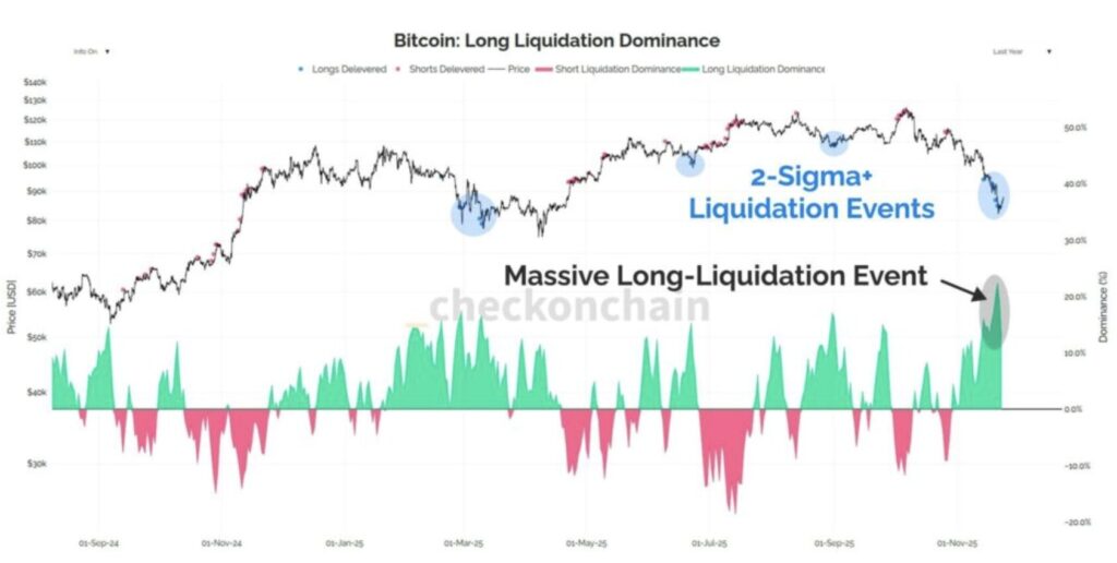 Grafik zur Dominanz der Long-Positionen bei Bitcoin mit grüner und roter Zone