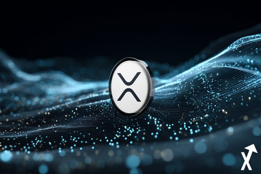 "XRP Münze auf blauem Handelsdiagramm"