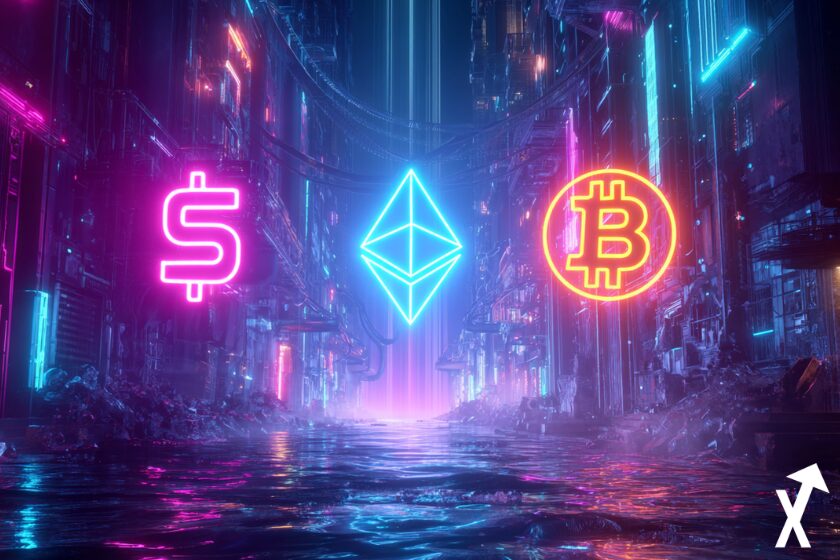 Neonfarbene Bitcoin- und Ethereum-Münzen, futuristische Stadt.
