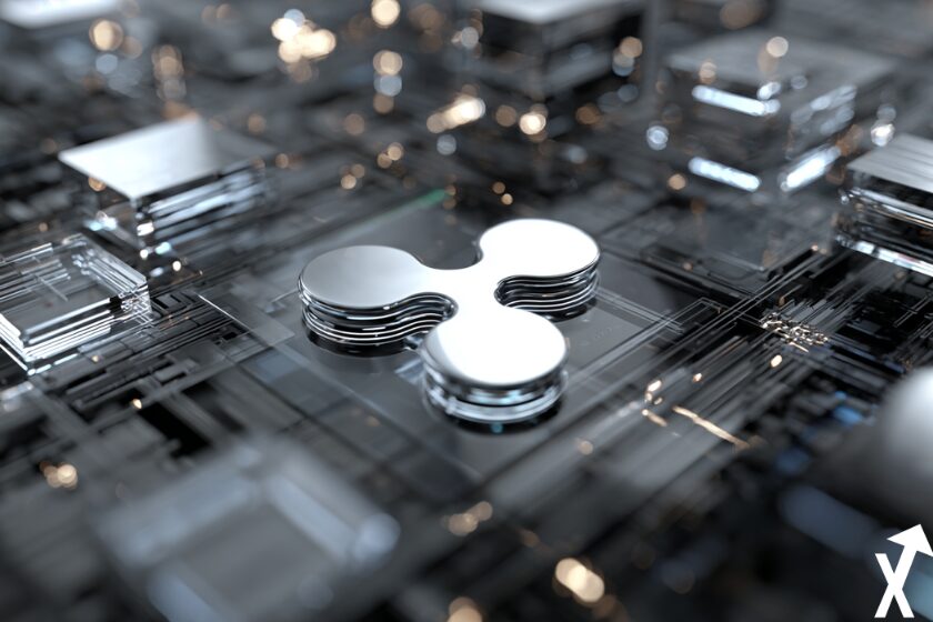 XRP Münze auf Blockchain Hintergrund.