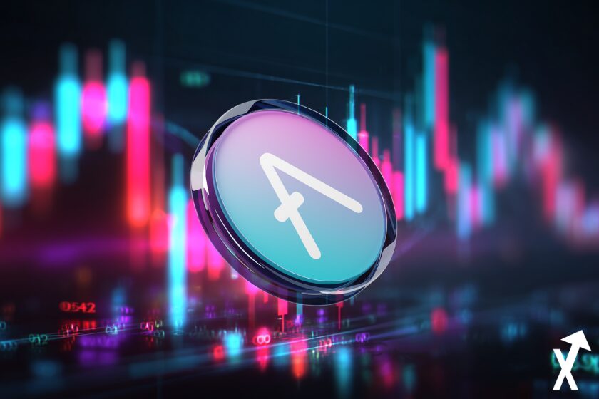 Aave Token auf blauem Hintergrund handeln.