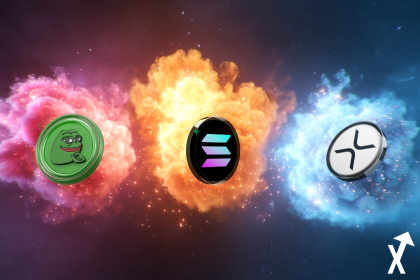 Kryptow&auml;hrungs-Symbole auf explosivem Hintergrund.