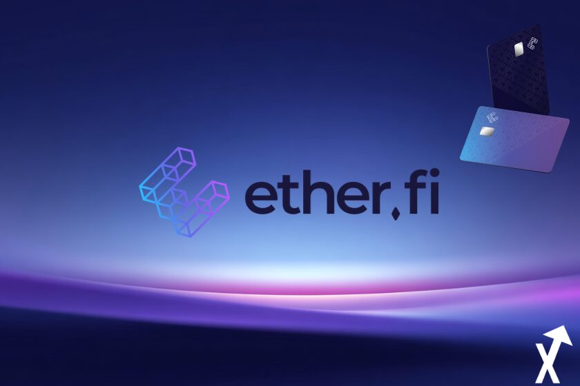 EtherFi-Logo auf violett-blauem, weiß akzentuiertem Hintergrund, mit einer Bankkarte auf der rechten Seite