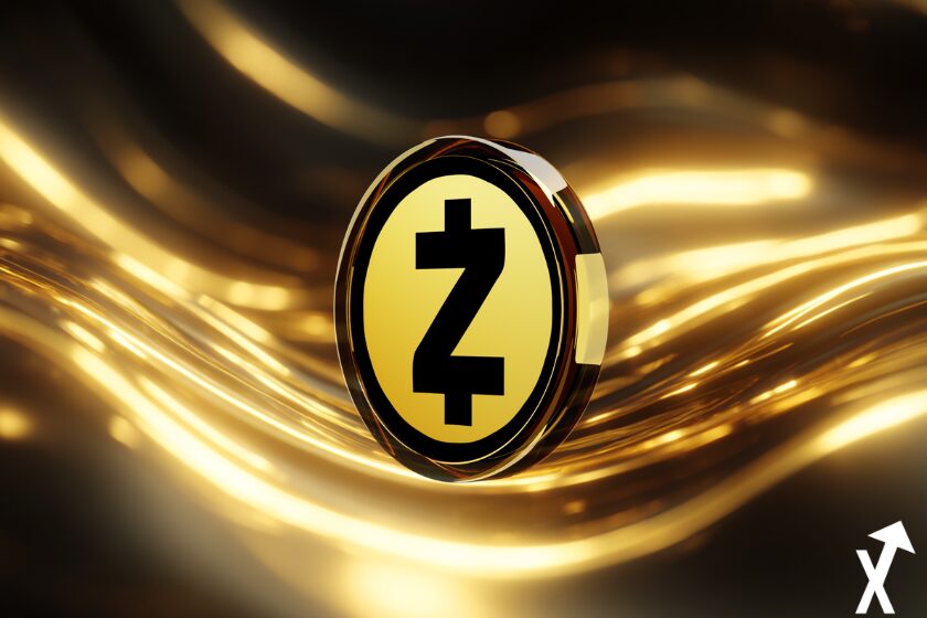 Zcash-Münze auf gold-orangener Spirale.