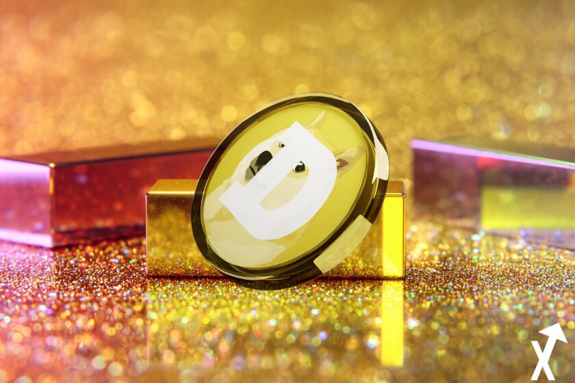 Dogecoin goldener Jeton auf goldenem Hintergrund.