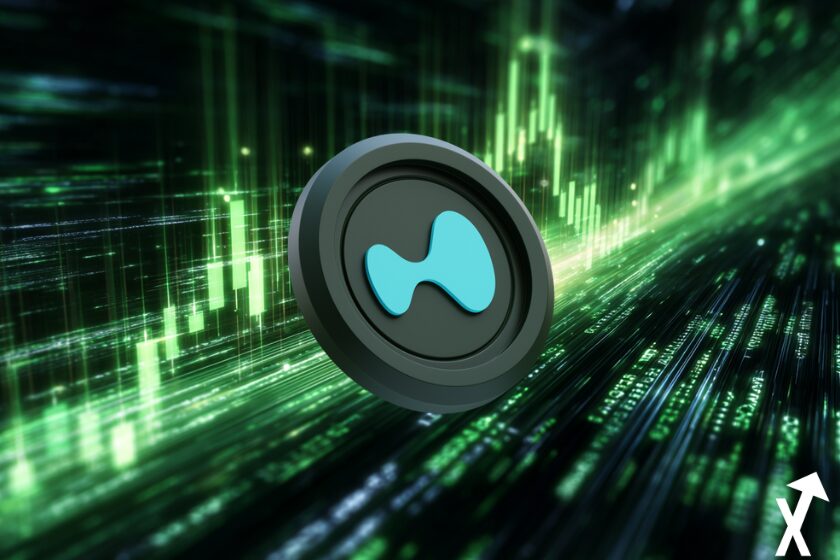 Hyperliquid M&uuml;nze auf gr&uuml;nem Trading-Chart.