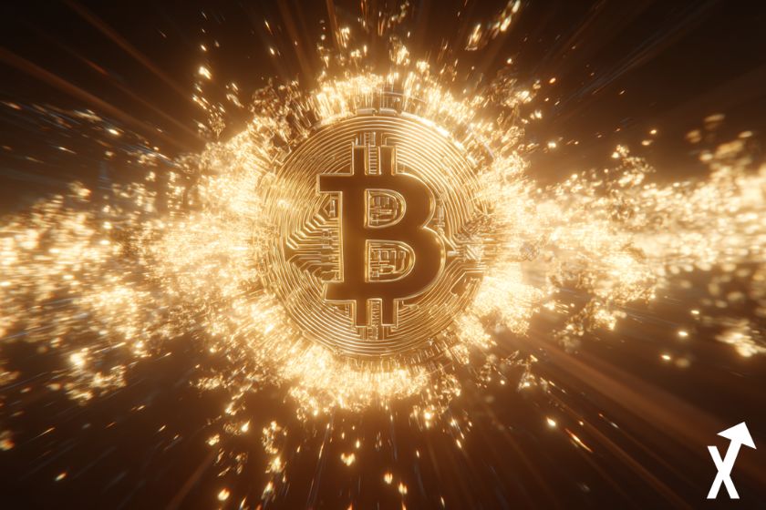 Goldene Bitcoin-Münze auf schwarzem Hintergrund.