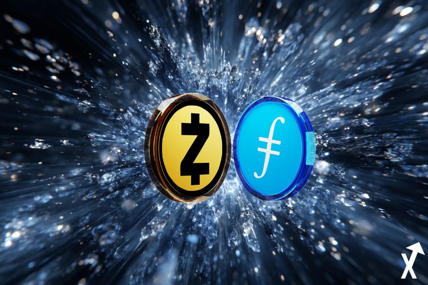 Zcash, Filecoin Kryptowährungen auf buntem Hintergrund.