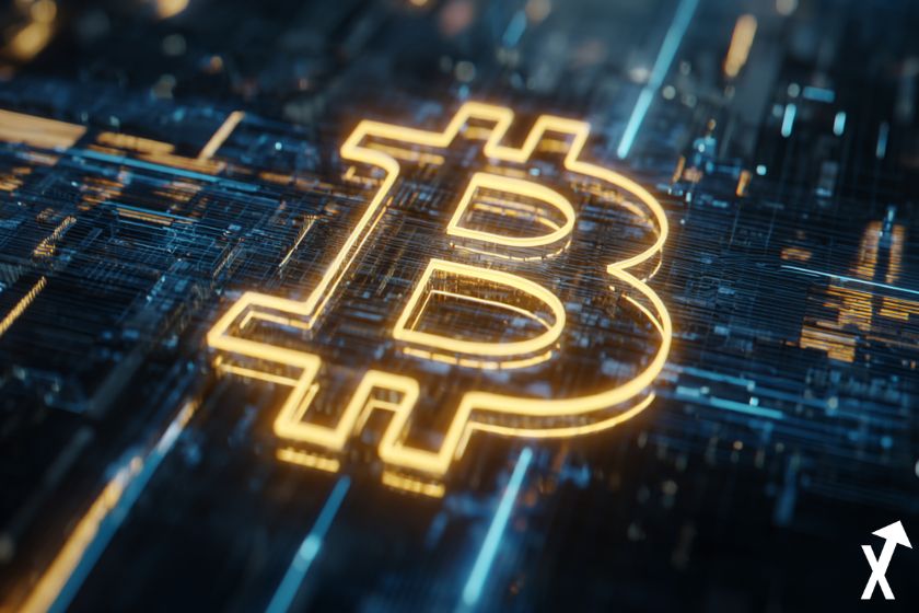 Goldenes Bitcoin-Logo auf blauem Hintergrund.