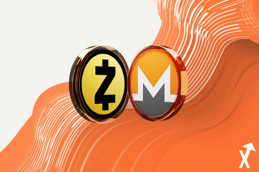 Monero und Zcash Münzen auf weiß-orangem Hintergrund.