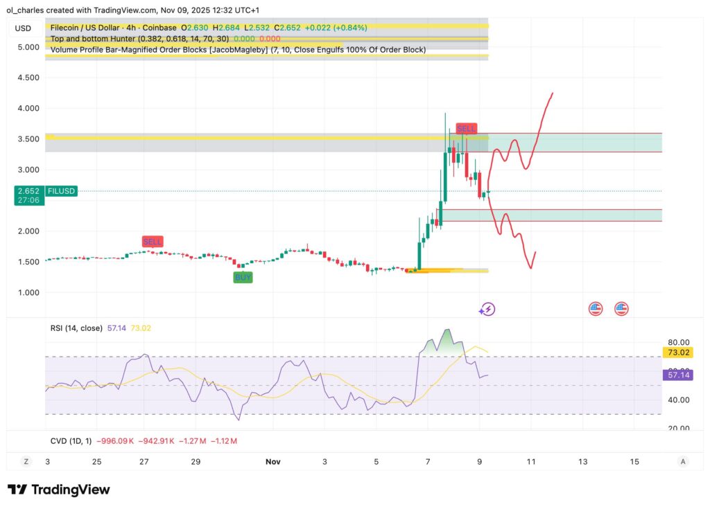 Filecoin-Kurs mit Order Blocks und RSI