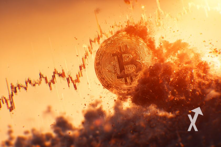 Bitcoin-Münze auf orangefarbenem Hintergrund mit Chart.