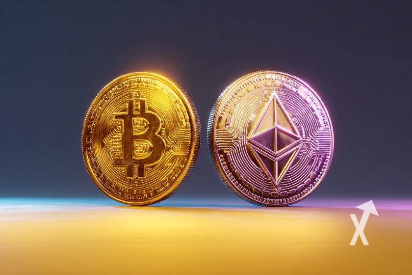 "3D Bitcoin und Ethereum Münzen"
