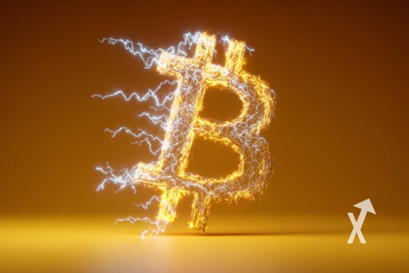 Gelbes leuchtendes Bitcoin-Logo auf gelbem Hintergrund.
