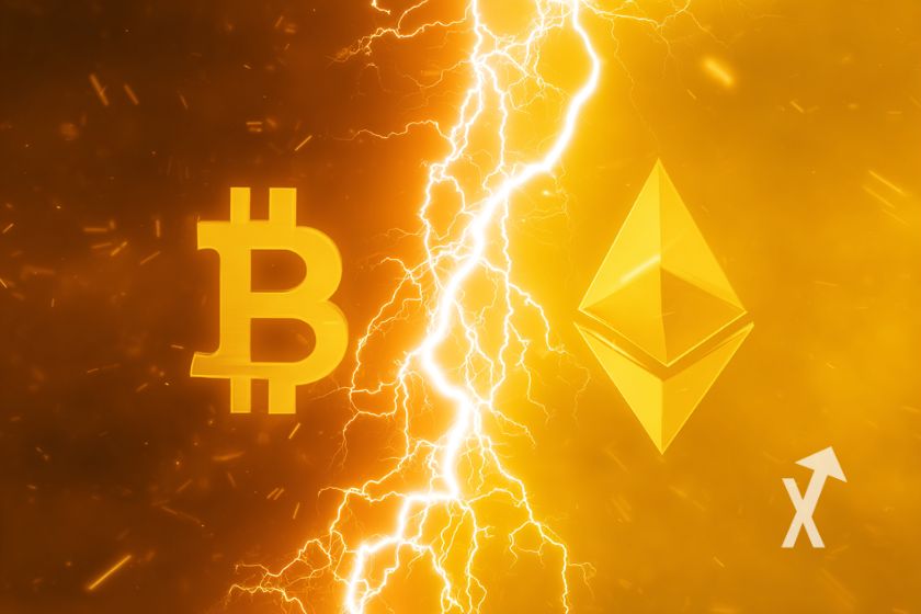 Bitcoin und Ethereum Logos auf orange-gelbem Hintergrund.