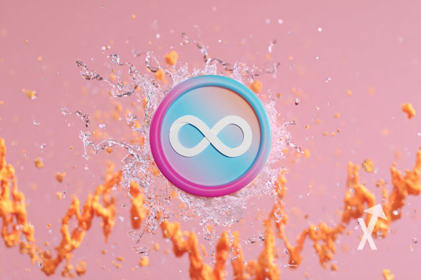 ICP-Münze auf rosa Hintergrund. Orangene Trendlinie.