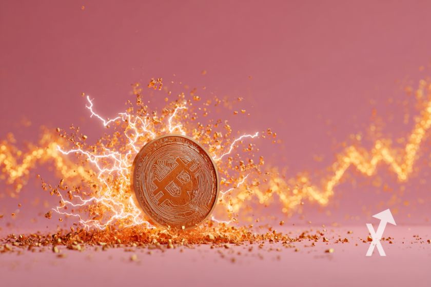 Bitcoin Münze mit Funken und Trendlinie in Orange auf rosa Hintergrund.