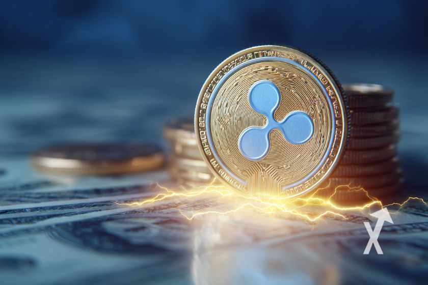 XRP-Münze auf Dollarnoten mit Funken.