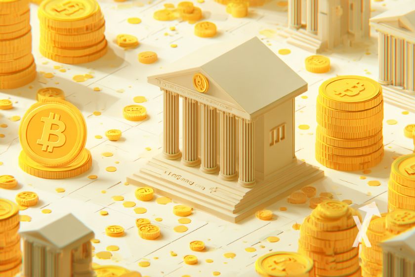 "Paper Bank, Bitcoins auf weißem Hintergrund"