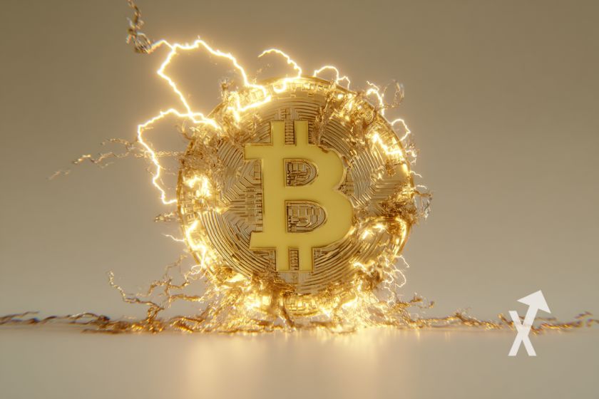 Bitcoin Münze in gelben Blitzen.