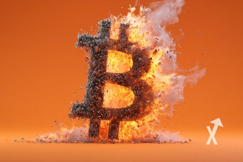 "Bitcoin-Logo in Flammen auf orangem Hintergrund"