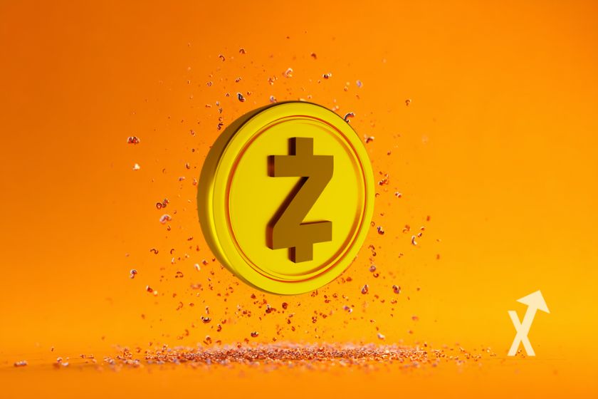 "Gelber Zcash ZEC Münzen auf orangefarbenem Hintergrund"