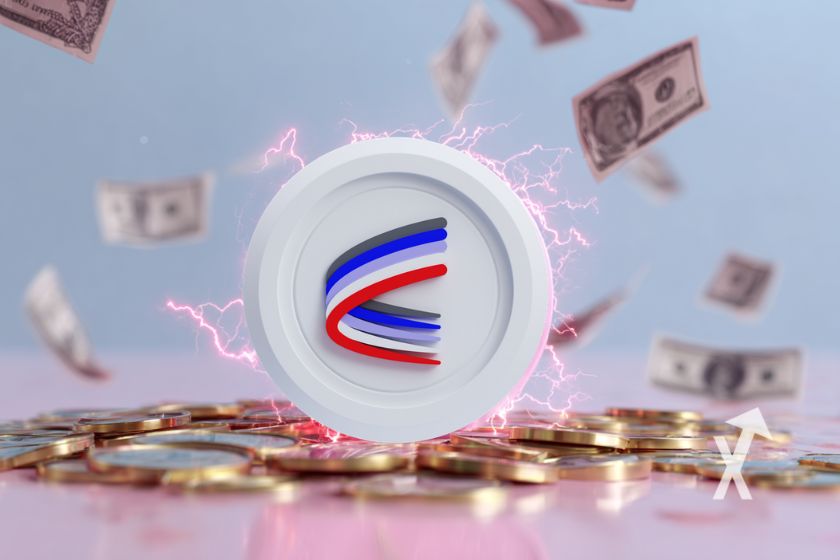 Münze der Aerodrome Finance auf Grau und Rosa Hintergrund mit fliegenden Dollar-Scheinen.