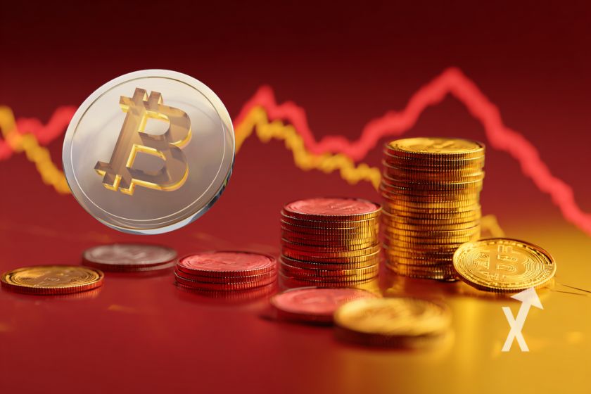 Grauer Bitcoin auf rotem Hintergrund.