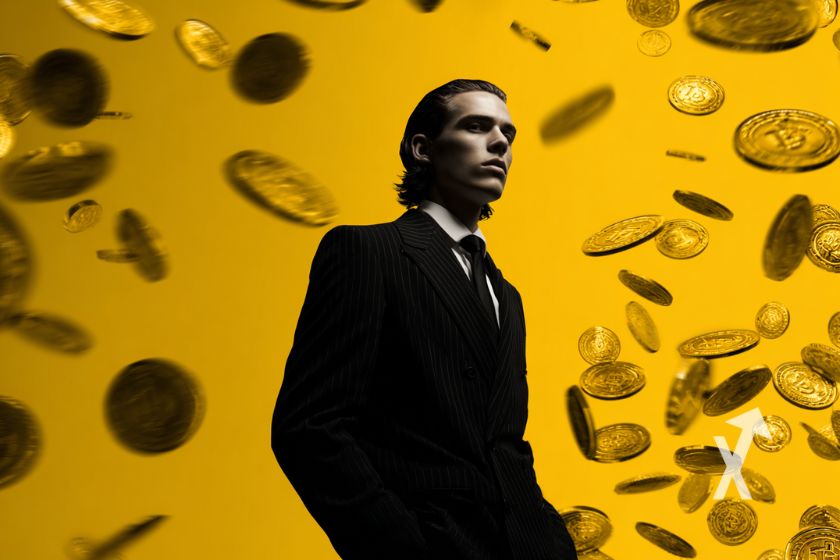 Junge Mann in Schwarz mit Geld.