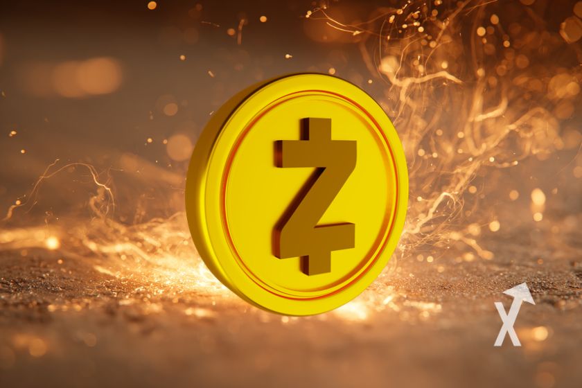 Gelbe Zcash-Münze auf orangefarbenem Hintergrund.