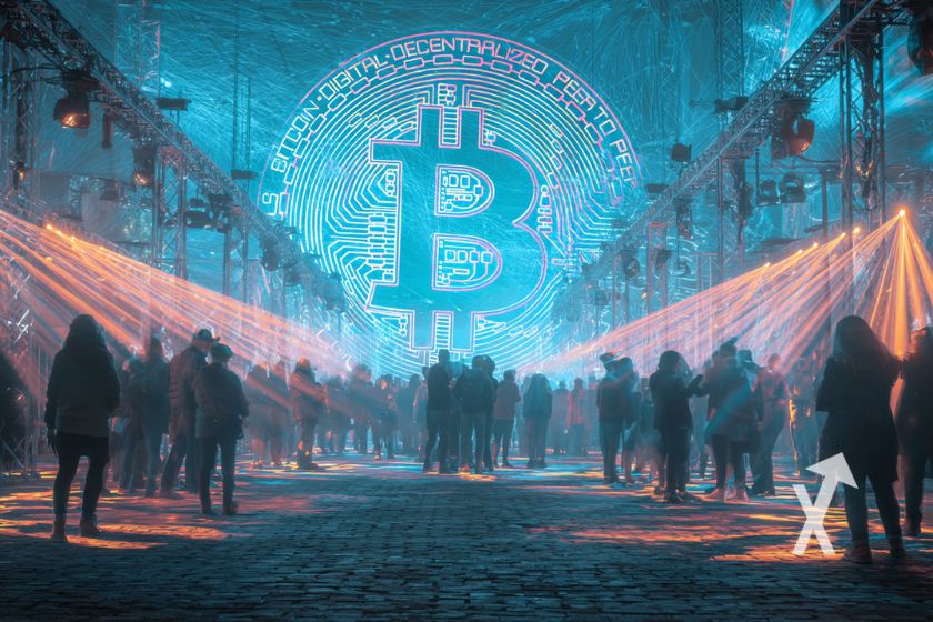 Bitcoin-Logo als blaues Hologramm. Sehr futuristisch.