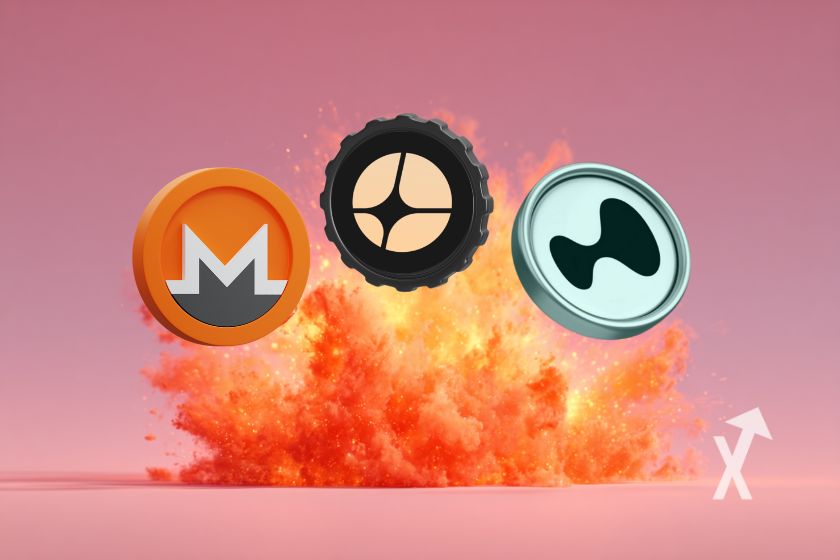 Münzen HYPE, XMR, ASTER auf rosa Hintergrund mit orangener Explosion.