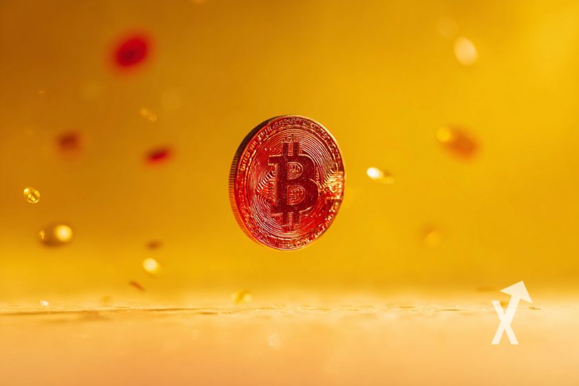 Rote Bitcoin-Münze auf gelbem Hintergrund.