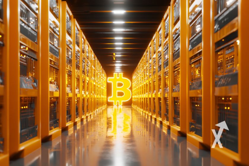 Bitcoin-Mining-Farm mit leuchtendem Bitcoin-Glühen.