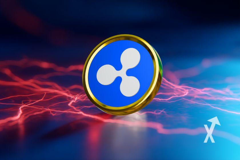 "Münze XRP auf blauem Hintergrund"