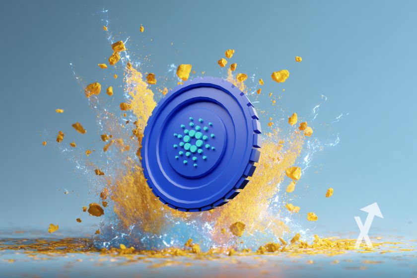 Blaue Cardano-Münze auf hellblauem Hintergrund.