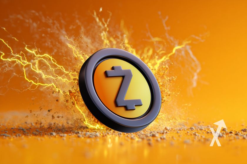 Zcash-Ecke auf orangem Hintergrund, gelbes Licht.