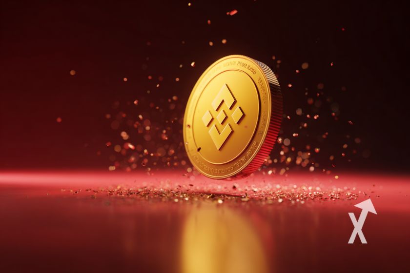 "Gelbes Binance BNB-Münzzeichen auf rotem Hintergrund"