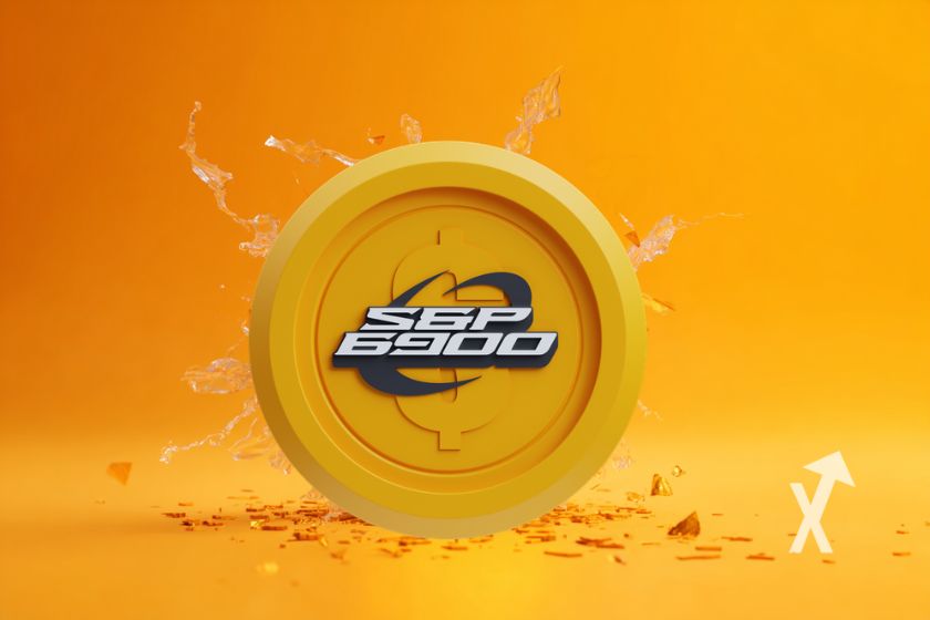 M&uuml;nze SPX6900 auf orangem Hintergrund.