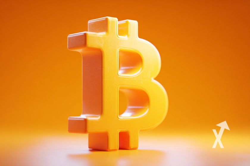 Bitcoin-Logo in orange auf orangefarbenem Hintergrund.