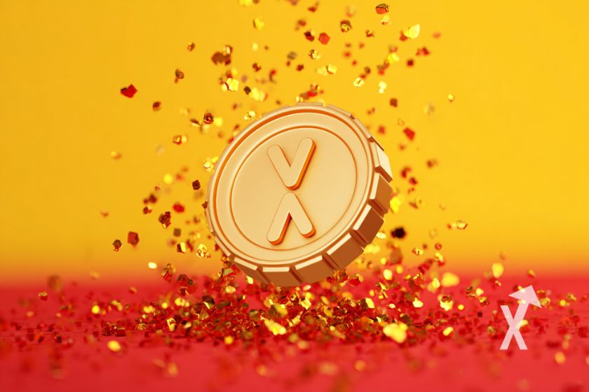 "Gelber Münzregen auf rotem Hintergrund"