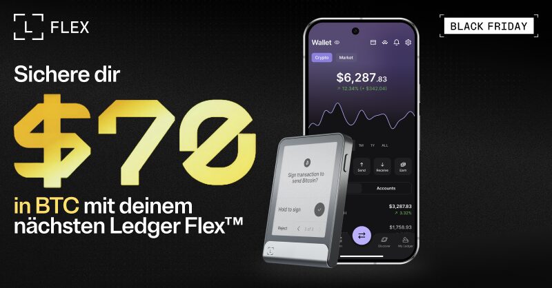 Ein Smartphone mit einem Flex-Ledger auf schwarzem Hintergrund für ein Black Friday-Angebot