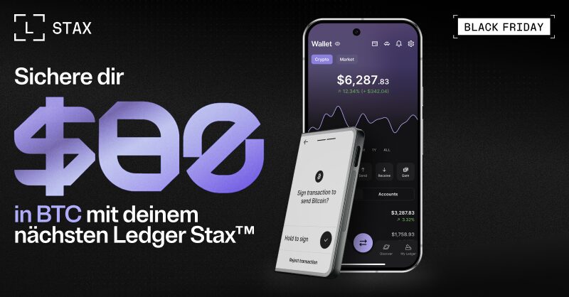 Ein Smartphone mit einem Stax-Ledger auf schwarzem Hintergrund für ein Black Friday-Angebot