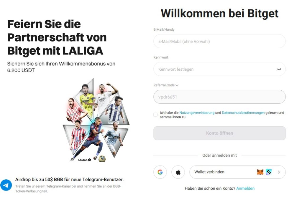 Die Startseite der Bitget-Website, um sich auf der Plattform zu registrieren