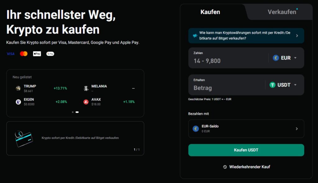 Die Seite der Bitget-Website, auf der Sie Kryptowährungen kaufen und die Zahlungsmethode auswählen können