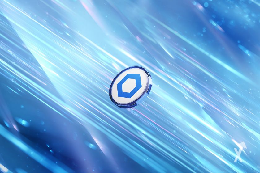 Chainlink Token auf blauem Hintergrund. Futuristisch.